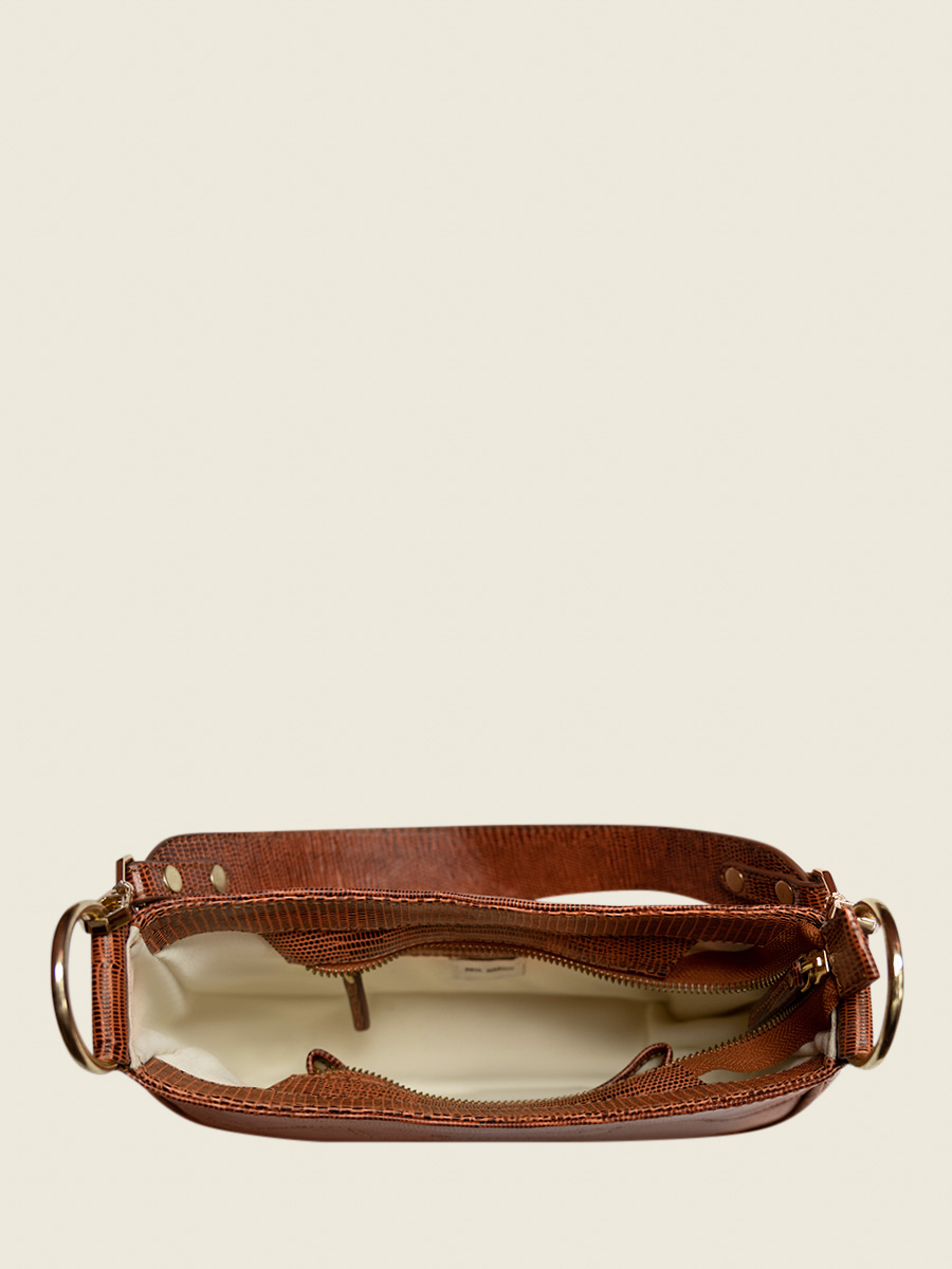 Fotoansicht Innenansicht Halbmondtasche aus braunem Leder Garance 1960 Paul Marius W40 L L