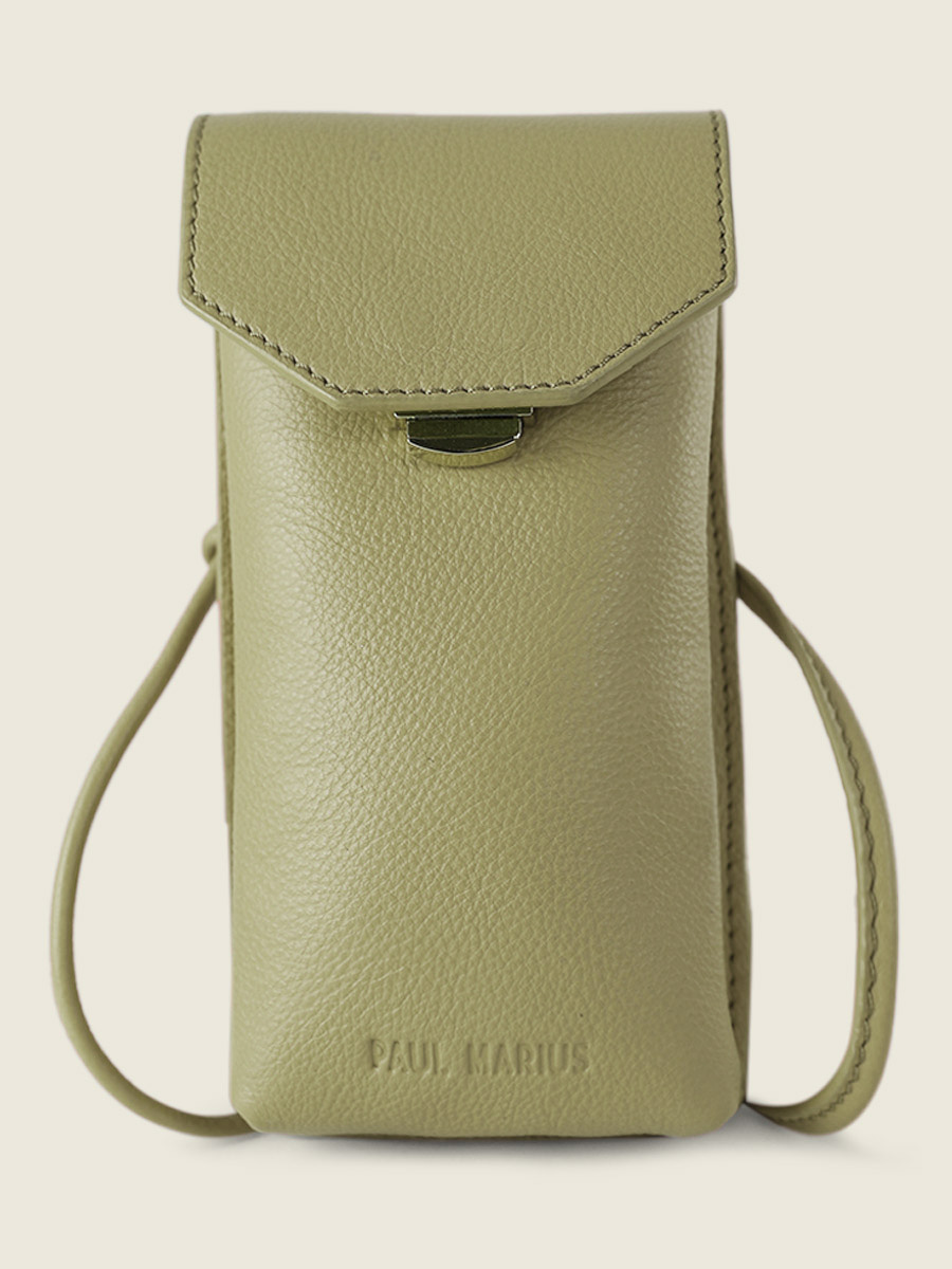 foto-ansicht-von-vorne-tasche-telefon-leder-grün-eva-art-deco-mandel-paul-marius-m71-ad-al