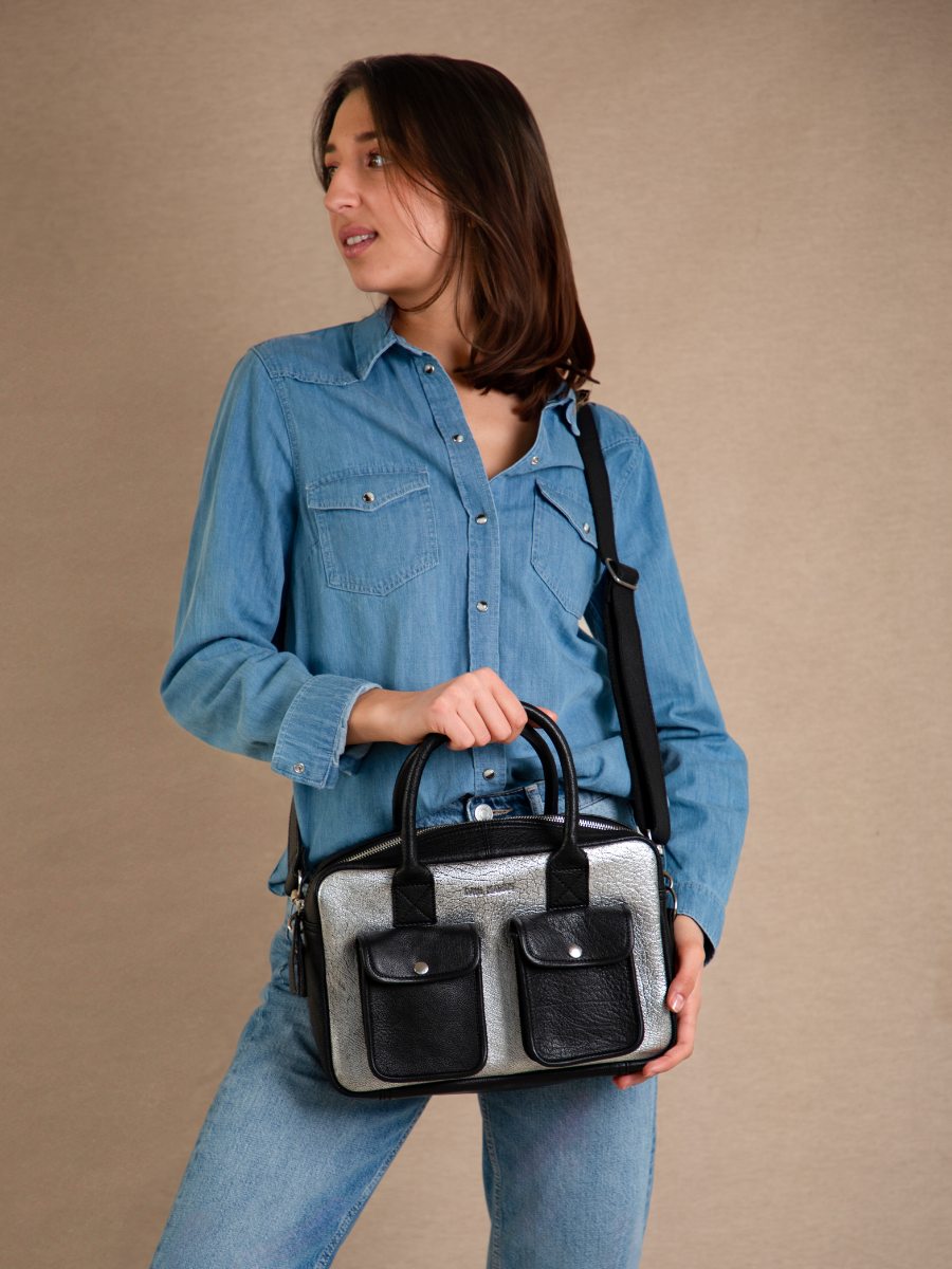 Fotoansicht-Vorderseite-Handtasche-Leder-silber-schwarz-LeDandy S-silber-schwarz-Paul Marius W04S S-B