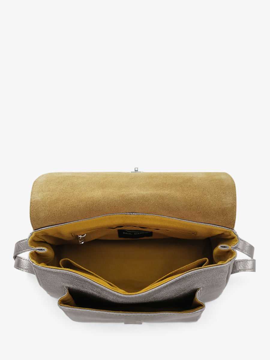 Fotoansicht Innenraum Umhängetasche aus silbermetallicfarbenem Leder Diane S Stahl Paul Marius W035S GM