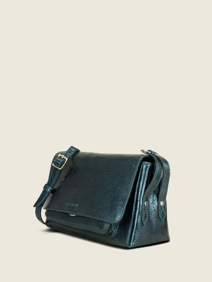 Umhängetasche aus glitzerndem grünem Leder Diane S Minuit Seitenansicht W35S M GR