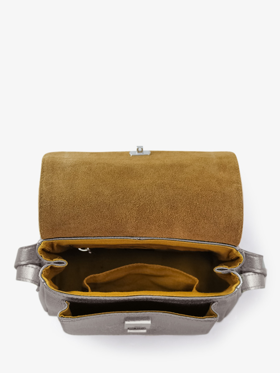 Fotoansicht Innenansicht Mini-Umhängetasche aus silbermetallicfarbenem Leder Diane XS Stahl Paul Marius W035XS-GM