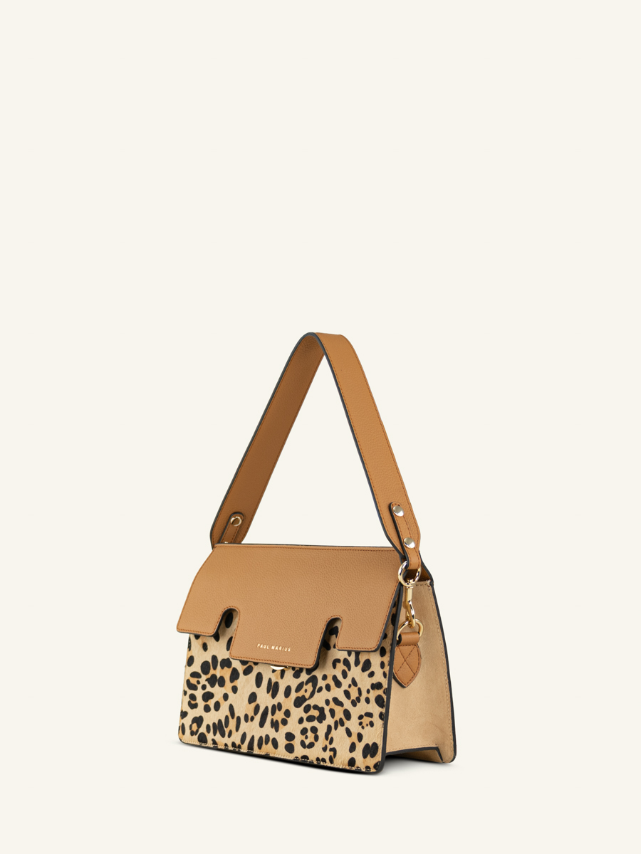 Baguette-Tasche aus Leder Gabrielle Leopard Beige Seitenansicht w42-lp-bei