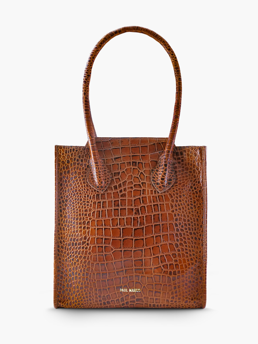 Fotoansicht-Vorderseite-Tasche-Einkaufstasche-Leder-braun-Laflaineuse-Alligator-Bernstein-Paul-Marius-W13-A-L