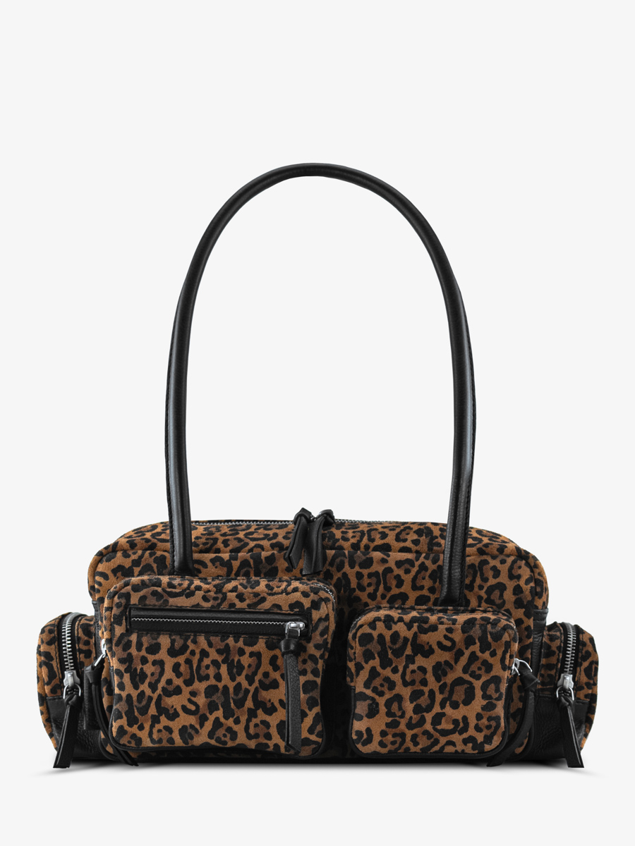 tasche mit mehreren fächern aus leder mit leopardenmuster schwarz lebasset 90er leopardansicht von vorne w56-lp-b