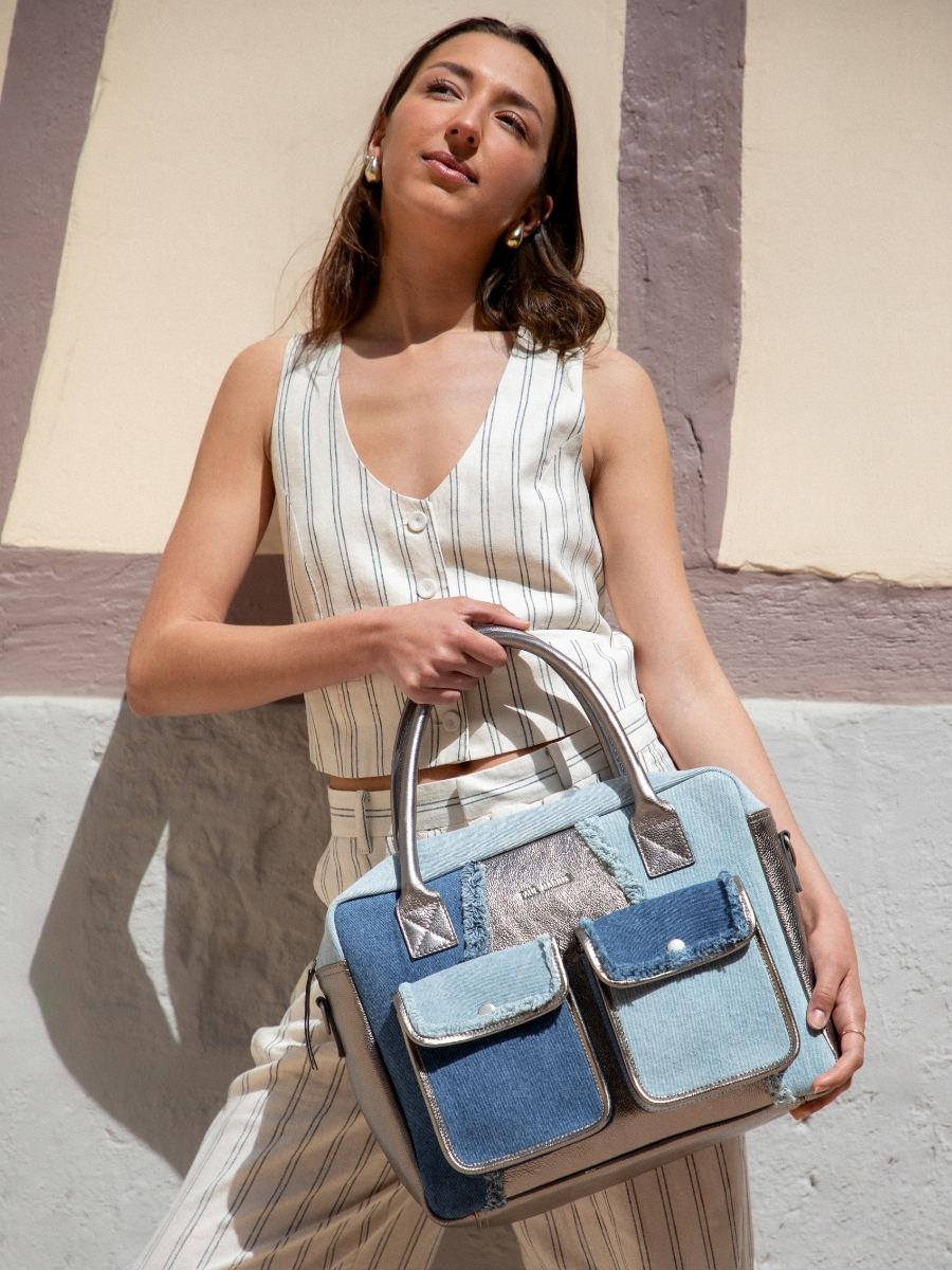 Foto-Vorderansicht-Umhängetasche-Leder-Jean-silber-Damen-LeDandy-Denim-Stahl-Paul-Marius-W04-GM-Denim