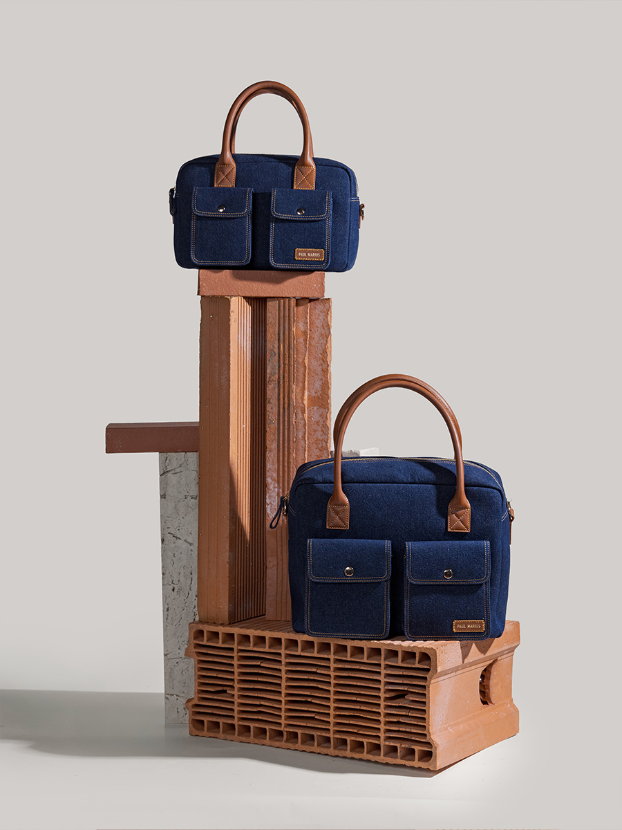 Handtasche aus blauem Jeansstoff und Leder von LeDandy S – Rohdenim – Zoom-Ansicht des Materials – w04s-dblu-denim