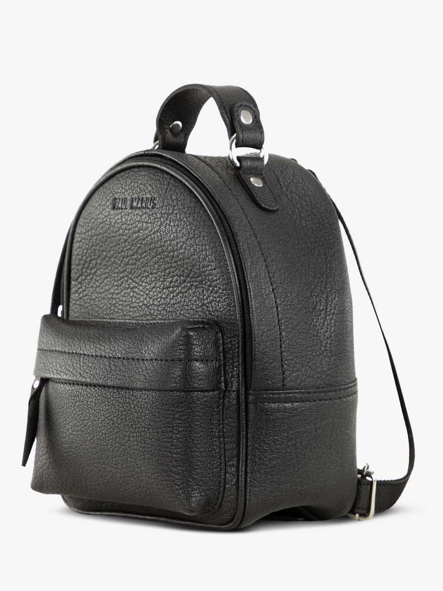 Fotoansicht von der Seite kleiner Rucksack aus Leder für Damen schwarz Le Mini Intrepide Noir Paul Marius M37S B