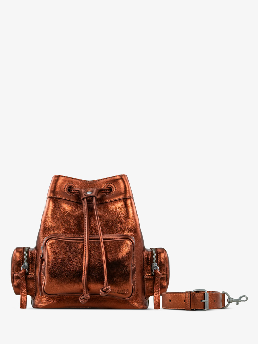 Beuteltasche aus Leder in Kupferoptik von LeSeau aus den 90ern mit Ginger-Motiv, Ansicht von vorne, W57 M O