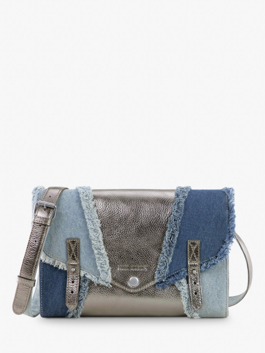 Foto-Vorderansicht-Umhängetasche-Leder-Jean-silber-Damen-L'Indispensable-Denim-Acier-Paul-Marius-W08-GM-Denim