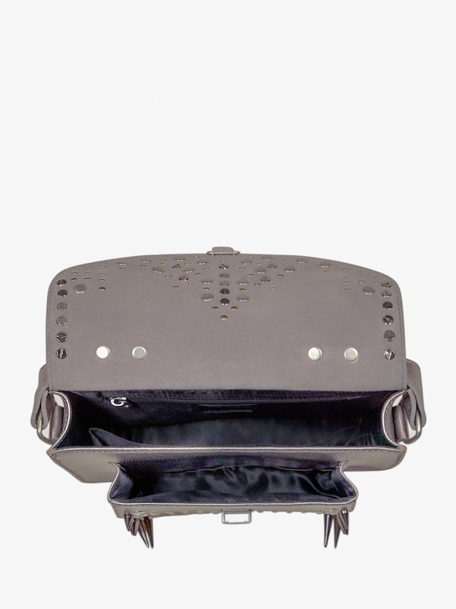 Fotoansicht Innenansicht Umhängetasche aus silbernem Leder Mademoiselle George Edition Noire Opus Paul Marius W05 BED OP4 GM