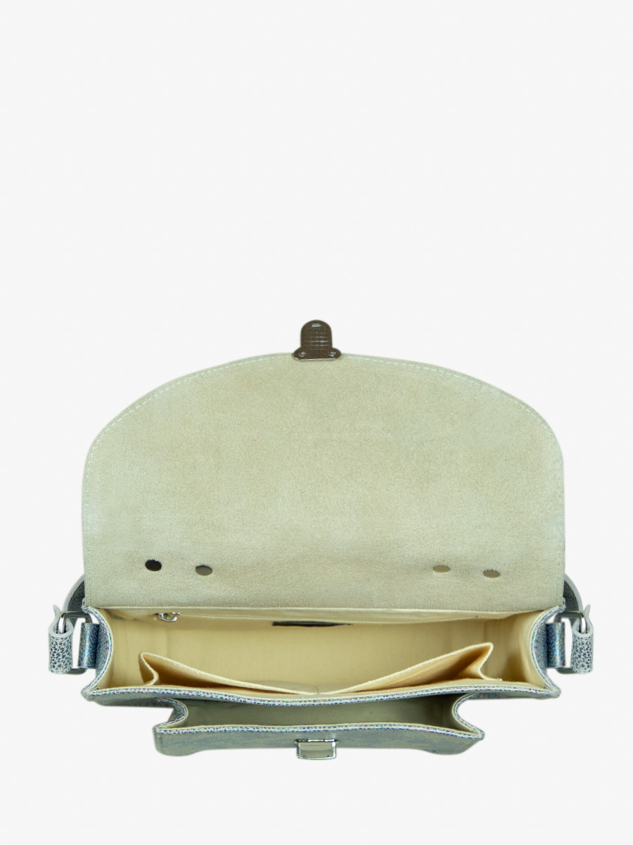 Fotoansicht Innenraum Handtasche aus weißem Leder mit Hologramm-Effekt Mademoiselle George Granite Paul Marius W05 GRA W