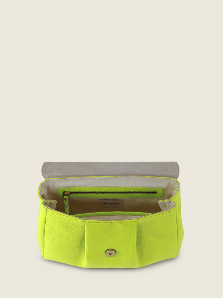 Fotoansicht Innenansicht Umhängetasche aus grünem Leder Suzon M Sorbet Pomme Paul Marius W25M SB LGR