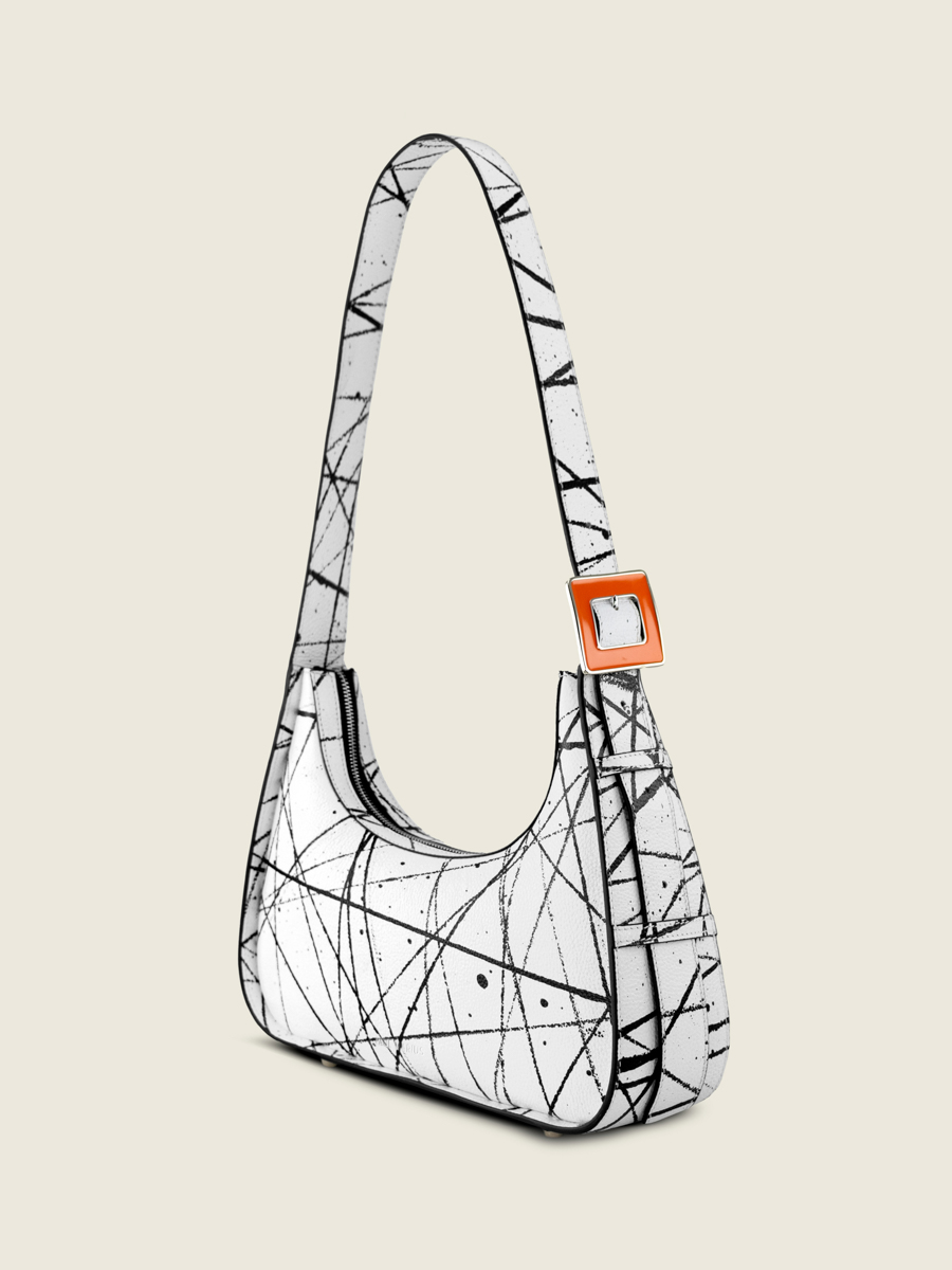 Baguette-Tasche aus Leder in Weiß, Schwarz und Orange „Victoire Arty 01” – Seitenansicht W54 ART1 B-W