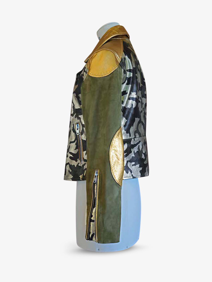 Foto-Seitenansicht-Perfecto-Leder-Damen-braun-grün-Le Perfecto-Camouflage-khaki-goldfarben-Paul Marius-WPJ-CA-K-G-S36