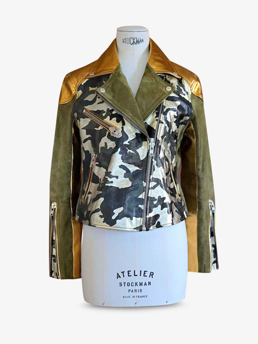 Foto-Vorderansicht-Perfecto-Lederjacke-für-Damen-braun-grün-Le Perfecto-Camouflage-khaki-goldfarben-Paul Marius-WPJ-CA-K-G-S36