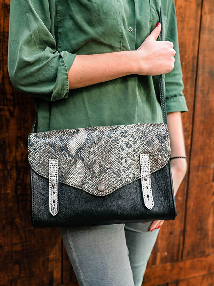 Foto-Tragetasche-Umhängetasche-Leder-Damen-Silber-Schwarz-L'Indispensable-Python-Silber-Schwarz-Paul-Marius-W08-P-S-B