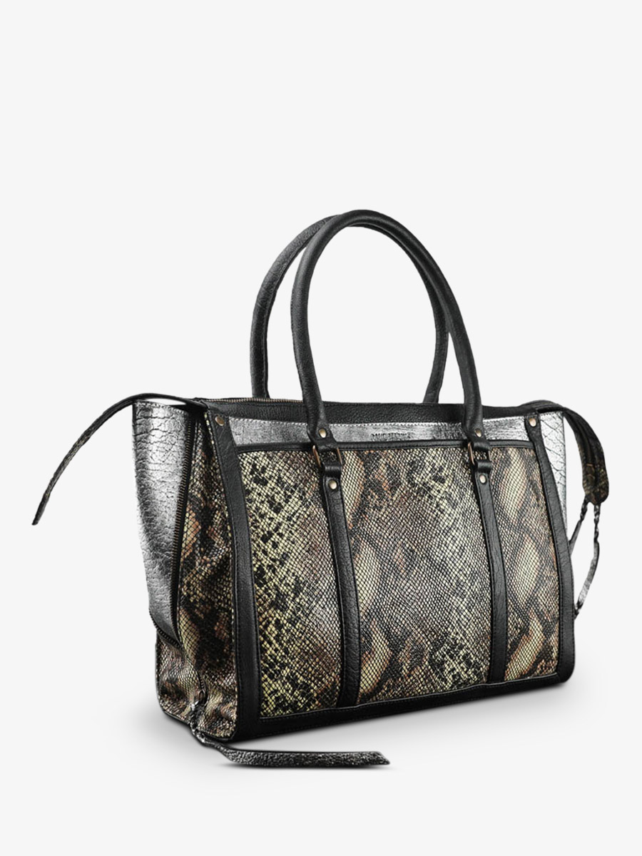 Foto-Seitenansicht-Handtasche aus Leder Business Silber-Schwarz LeRive Droite L Python Silber-Schwarz Paul Marius W19L P S-B