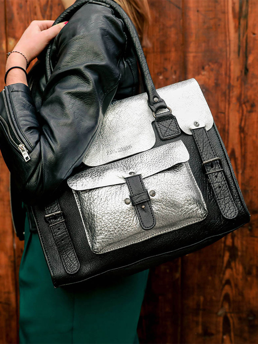 Foto-Vorderansicht-Umhängetasche-Leder-Damen-silber-schwarz-LeRive Gauche-M-silber-schwarz-paul-marius-w01m-s-b