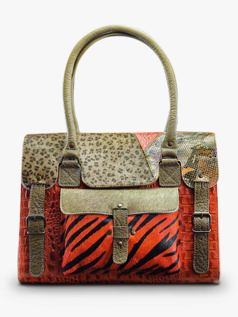 Foto-Vorderansicht-Umhängetasche-Leder-Damen-orange-grün-lerive-gauche-m-chimere-orange-kaki-paul-marius-w01m-ch-o-k