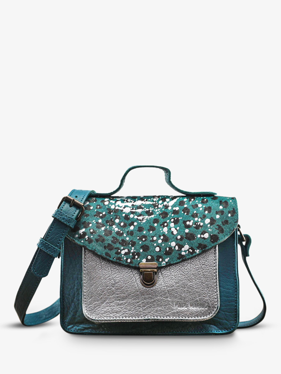 Foto-Vorderansicht-Umhängetasche-Leder-Damen-blau-silber-Mademoiselle George-Leopard-blau-pool-silber-Paul Marius-W05-LP-BLU-S