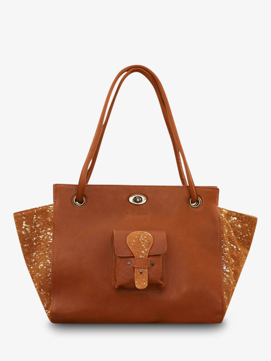 Foto-Vorderansicht-Handtasche-Leder-Paulmarius-braun-gold-Madame-M-natur-gold-Paul-Marius-M48-L-G