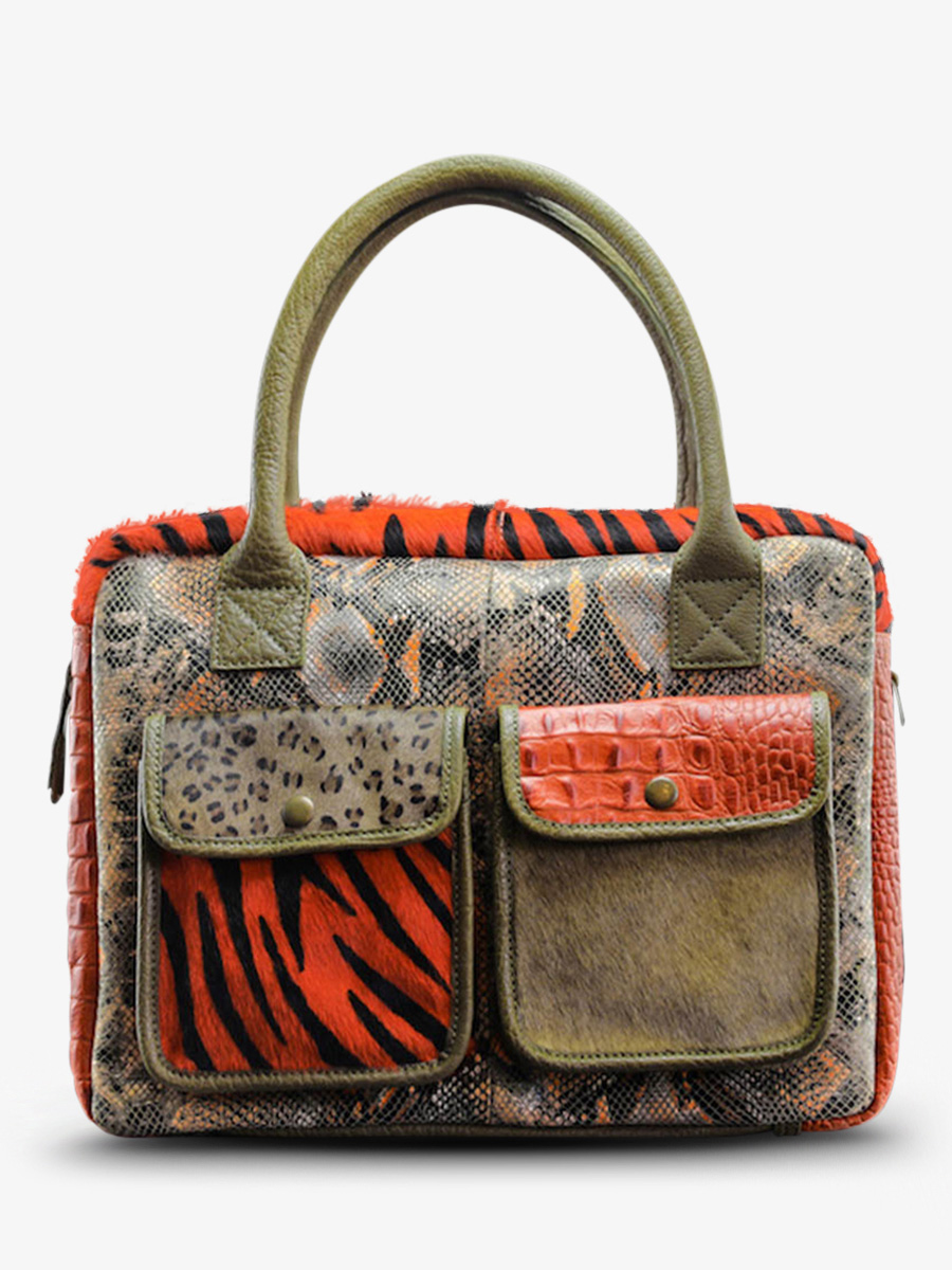 Foto-Vorderansicht-Dokumententasche-Leder-Damen-orange-grün-ledandy-chimere-orange-kaki-paul-marius-w04-ch-o-k