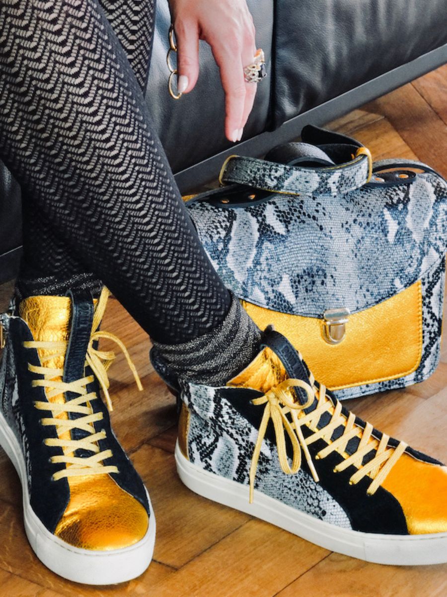 Foto-Vorderansicht-Sneaker-Damen-Leder-grau-gelb-pm001-Python-Granit-gelb-metallic-Paul Marius-pm001-p-w-mcy-s36