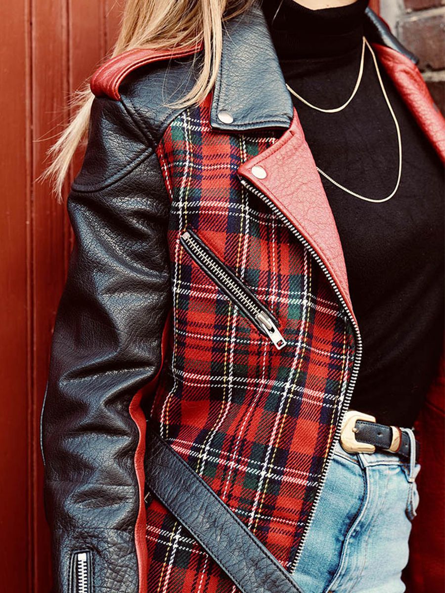 Foto – Material – Leder-Trenchcoat für Damen, rot – Letrench, Tartan, rot – Paul Marius – WTC-Sco-R-S36