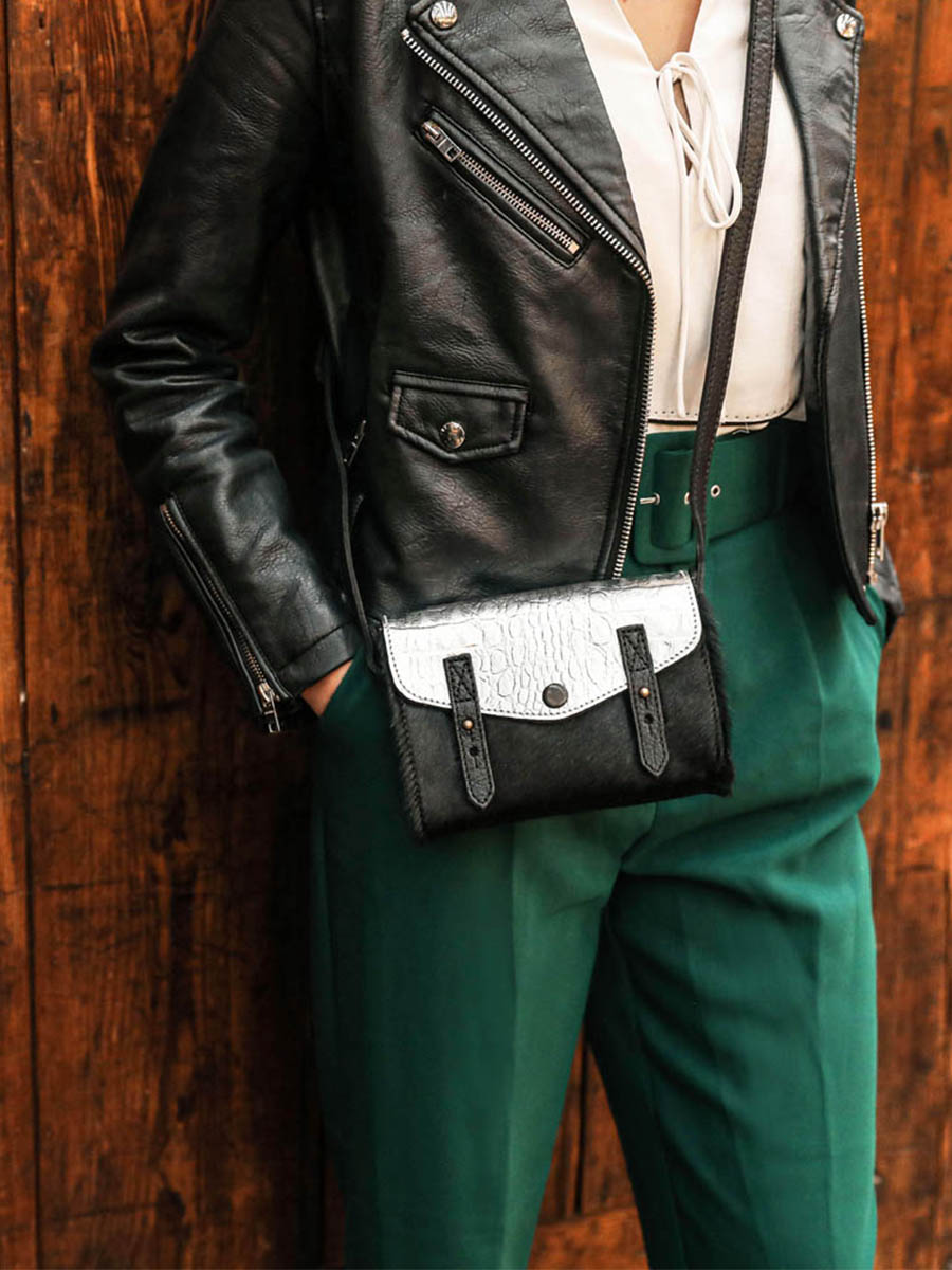 Foto-Tragegurt-Umhängetasche-Leder-Damen-Silber-Schwarz-Le-Mini-Indispensable-Caiman-Silber-Schwarz-Paul-Marius-W08S-C-S-B