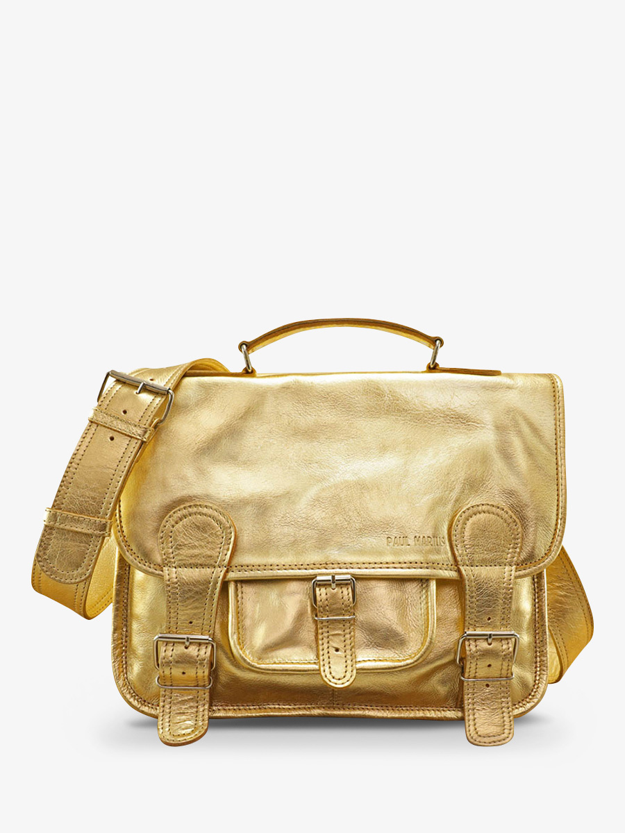 Foto-Vorderansicht-Dokumententasche-Leder-A4-13-Zoll-goldfarben-LeCartable-M-goldfarben-Paul-Marius-M01S14-G