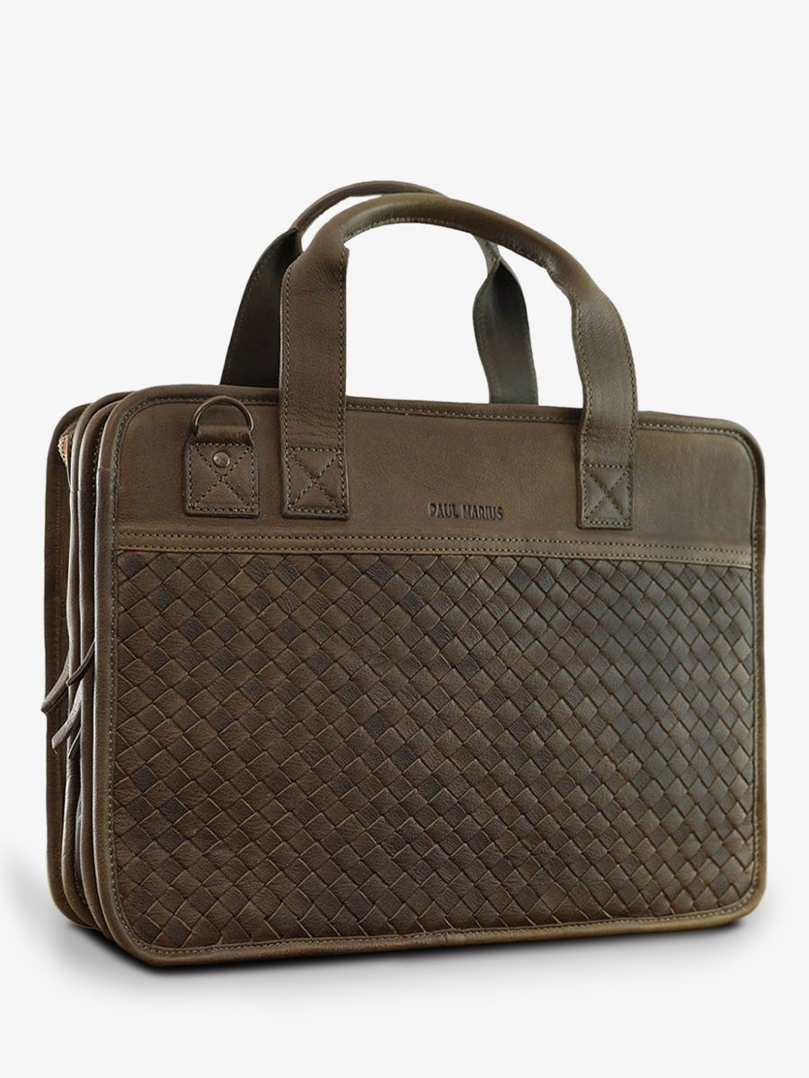 Foto-Vorderansicht-Dokumententasche-Leder-Herren-kaki-LeConquérant-geflochten-kaki-paul-marius-b01w-k