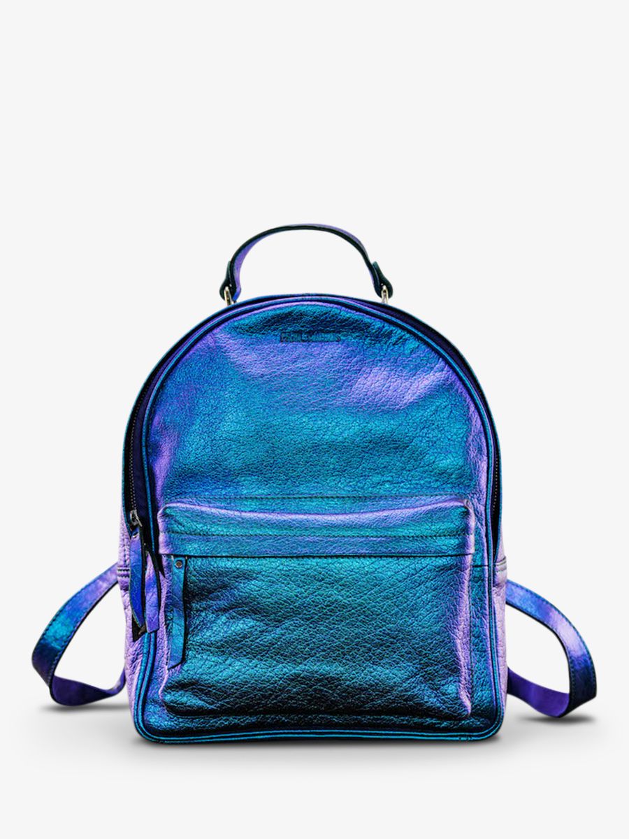 Foto-Vorderansicht-Rucksack-aus-blauem-Leder-Lintrepide-Scarabee-Paul-Marius-M37-P-Blu