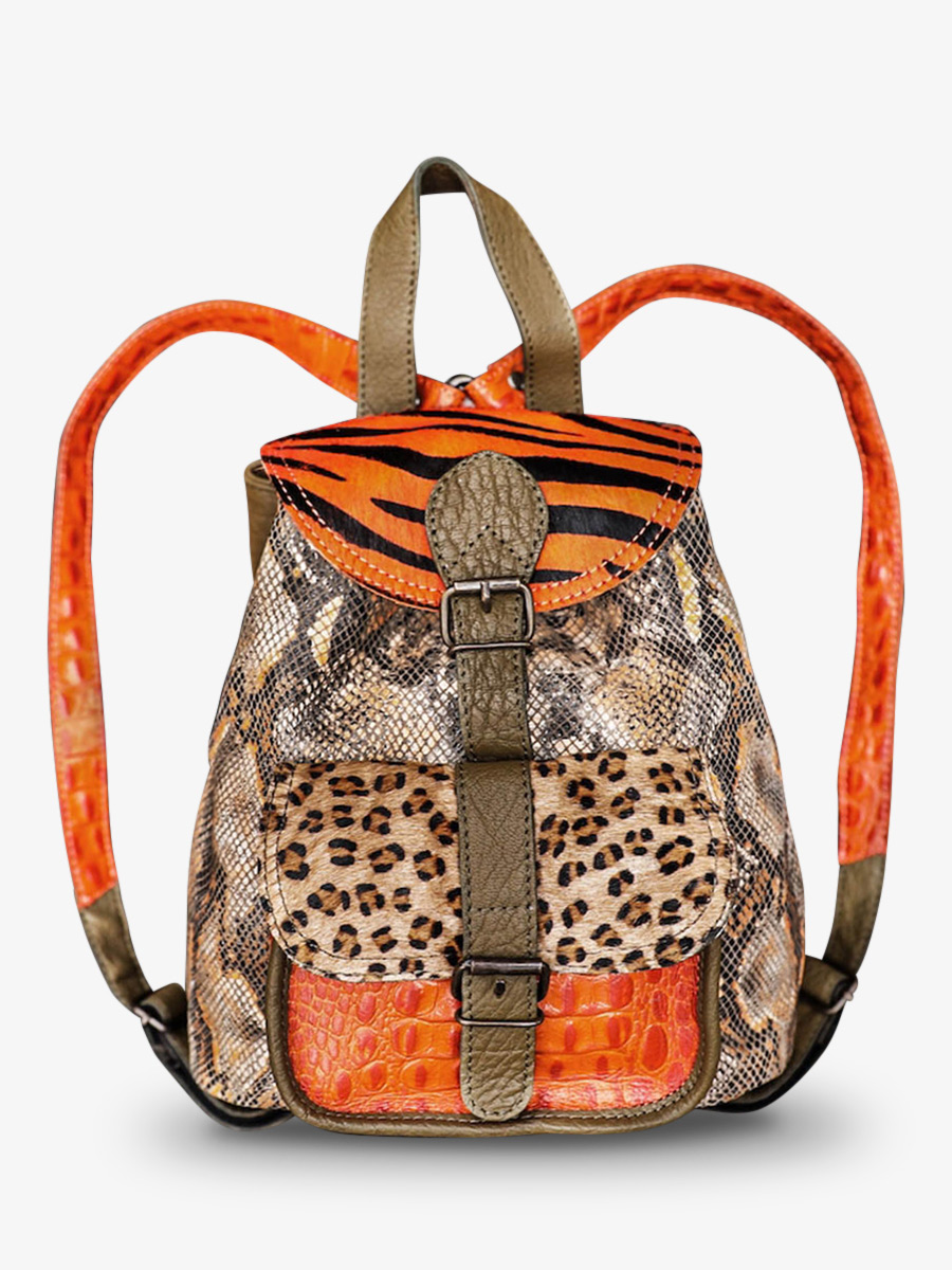 Foto-Vorderansicht-Rucksack-Leder-Damen-orange-grün-LeBaroudeur-Chimère-orange-khaki-Paul-Marius-M40-CH-O-K