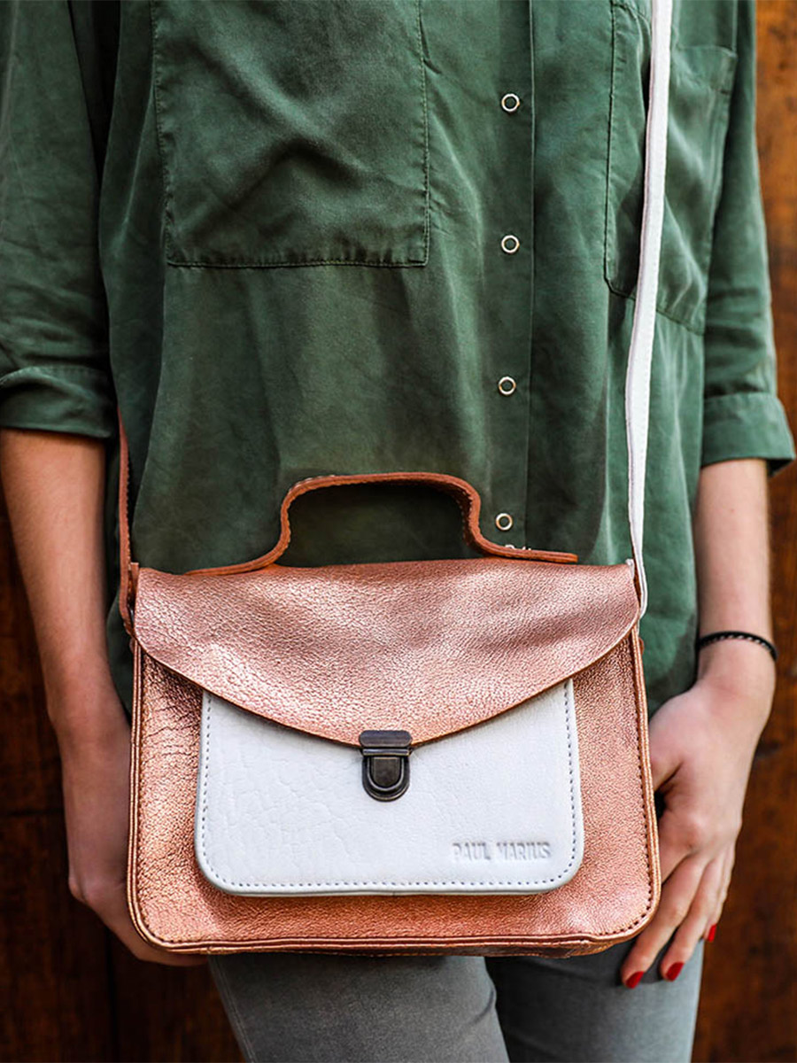 Foto-Tragegurt-Umhängetasche-Leder-Damen-rosa-gold-weiß-Mademoiselle-George-Gold-rosa-weiß-Paul-Marius-W05-G-PI-W