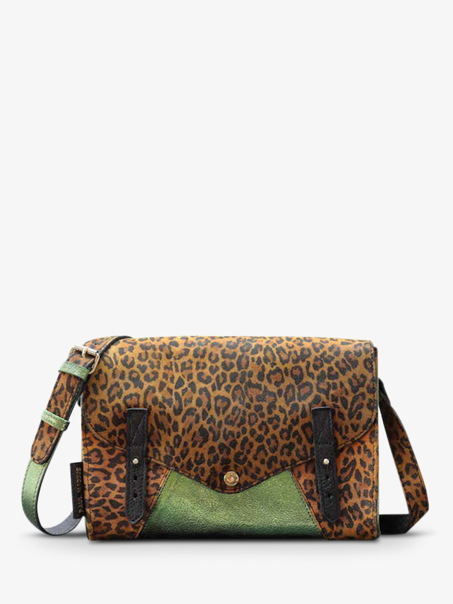 Foto-Vorderansicht-Umhängetasche-Leder-Damen-braun-grün-lindispensable-Leopard-natur-khaki-metallic-paul-marius-w08-lp-l-mcgr