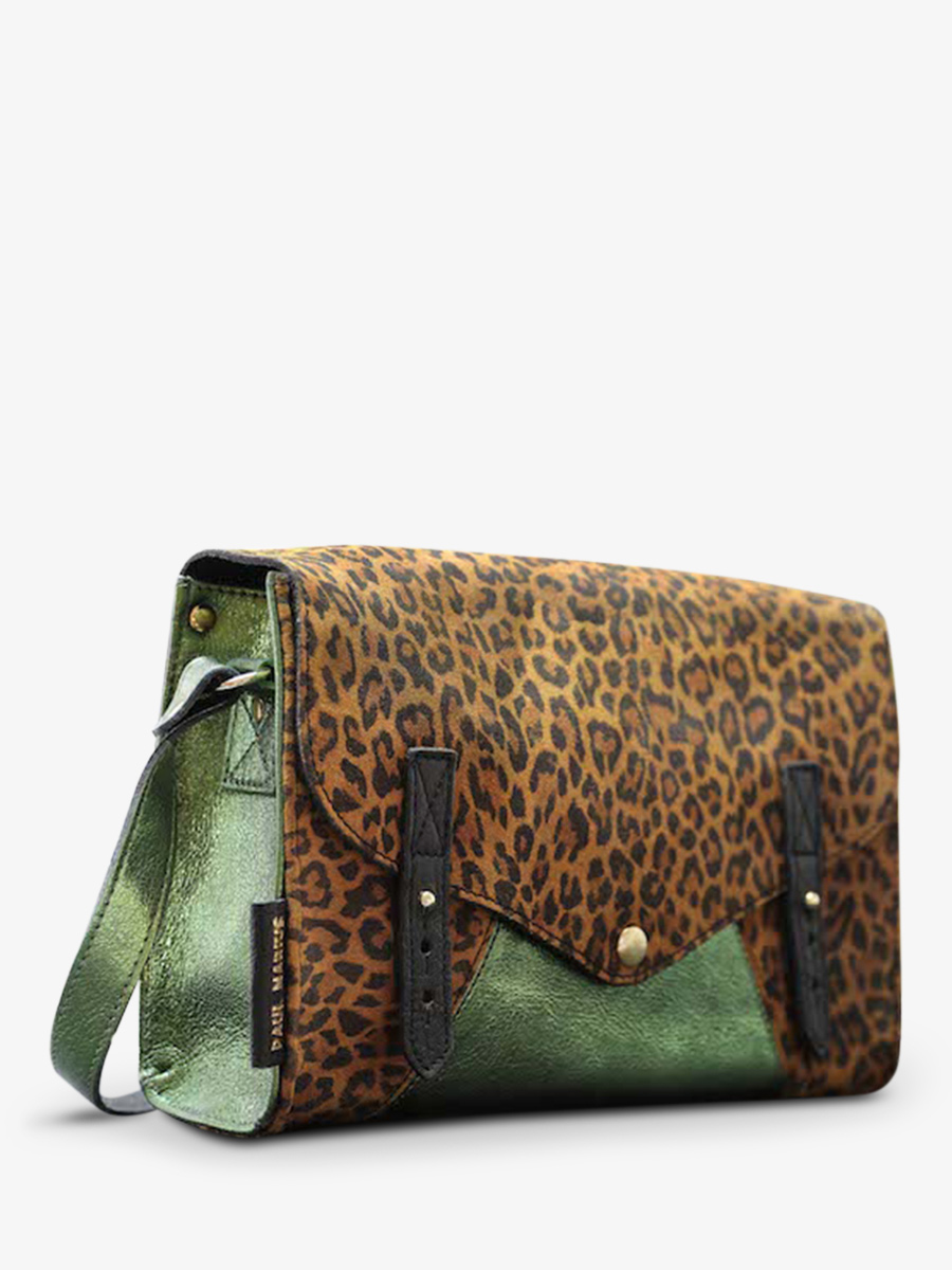 Foto-Seitenansicht-Umhängetasche-Leder-Damen-braun-grün-lindispensable-leopard-natur-khaki-metallic-paul-marius-w08-lp-l-mcgr