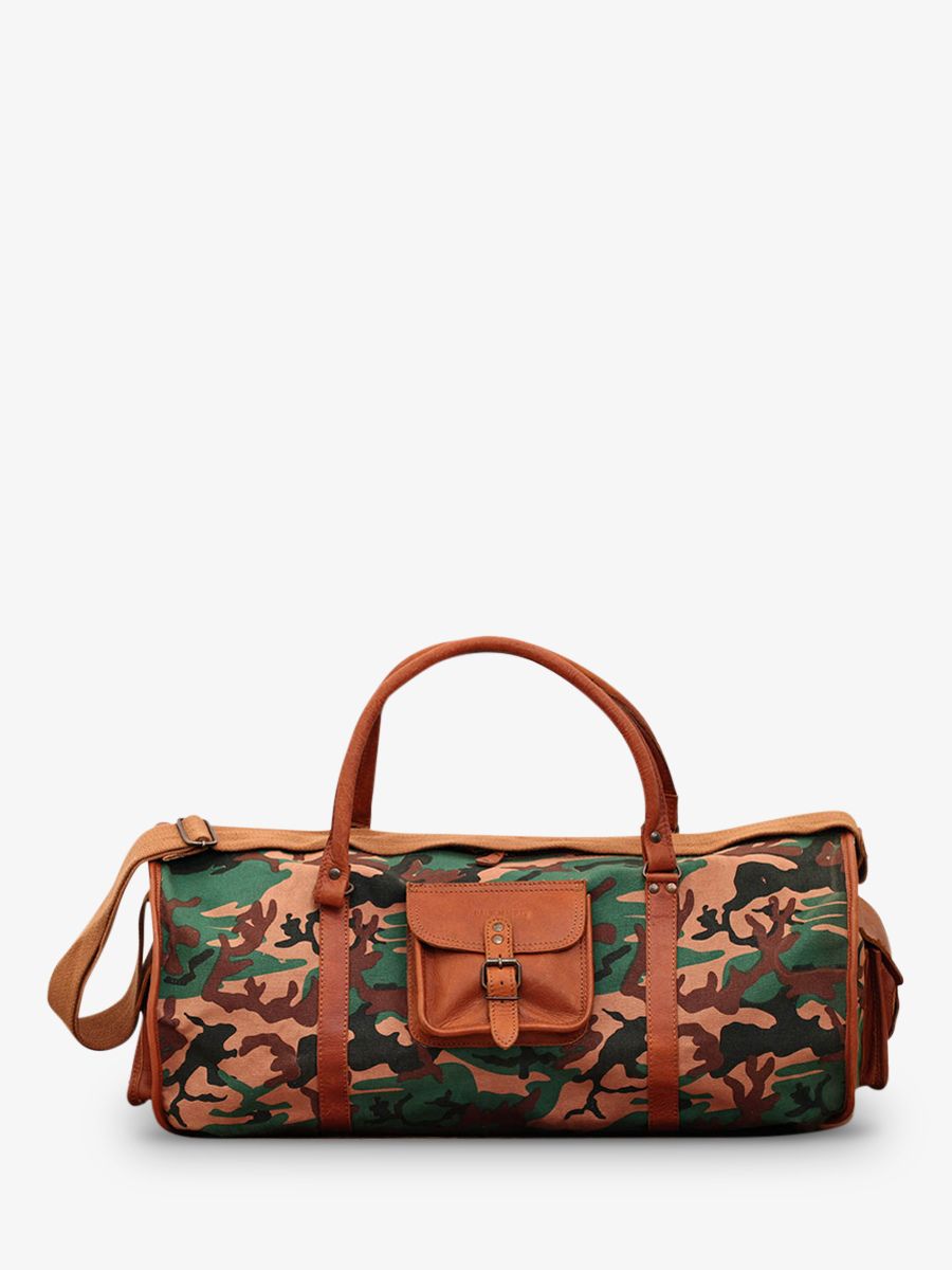 Foto-Vorderansicht-Reisetasche-aus-Leder-braun-grün-LeVoyageur-Canvas-XL-Camouflage-Paul-Marius-M08S60-CA